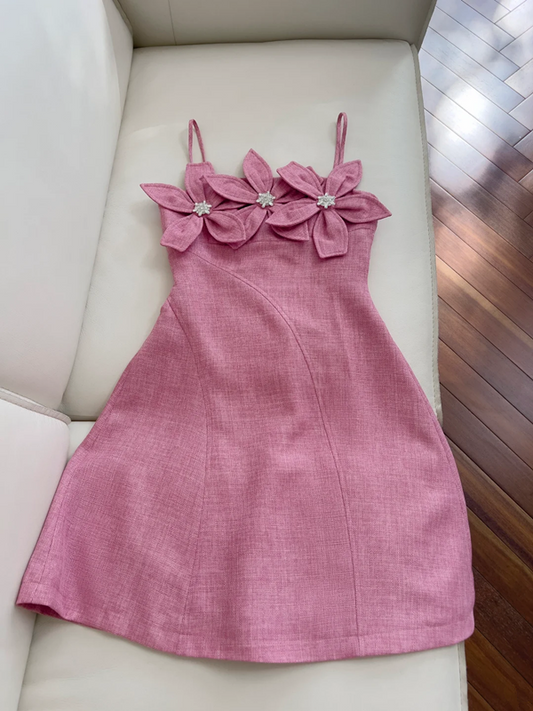 Pink halter neckline 3D flower waist slim A-line short skirt homecoming dress R5231