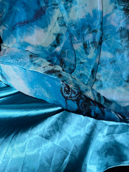 Blue tie-dye halter neck, fitted waist, elegant long ball gown R6940