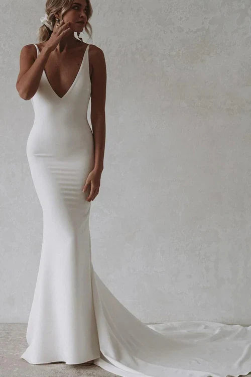 omberprom Elegant Simple Mermaid V-Neck Satin Long Wedding Dresses Solid Color