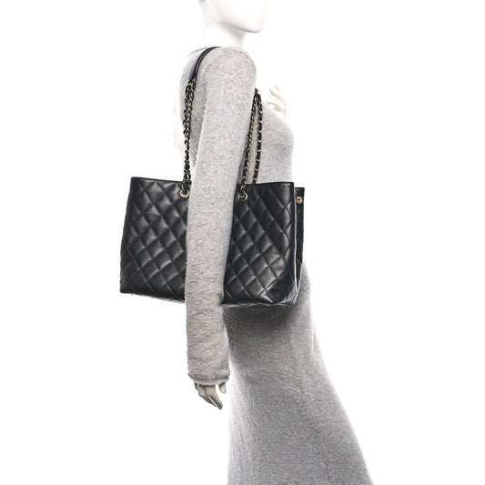Caviar Quilted Small Shopping Tote Black