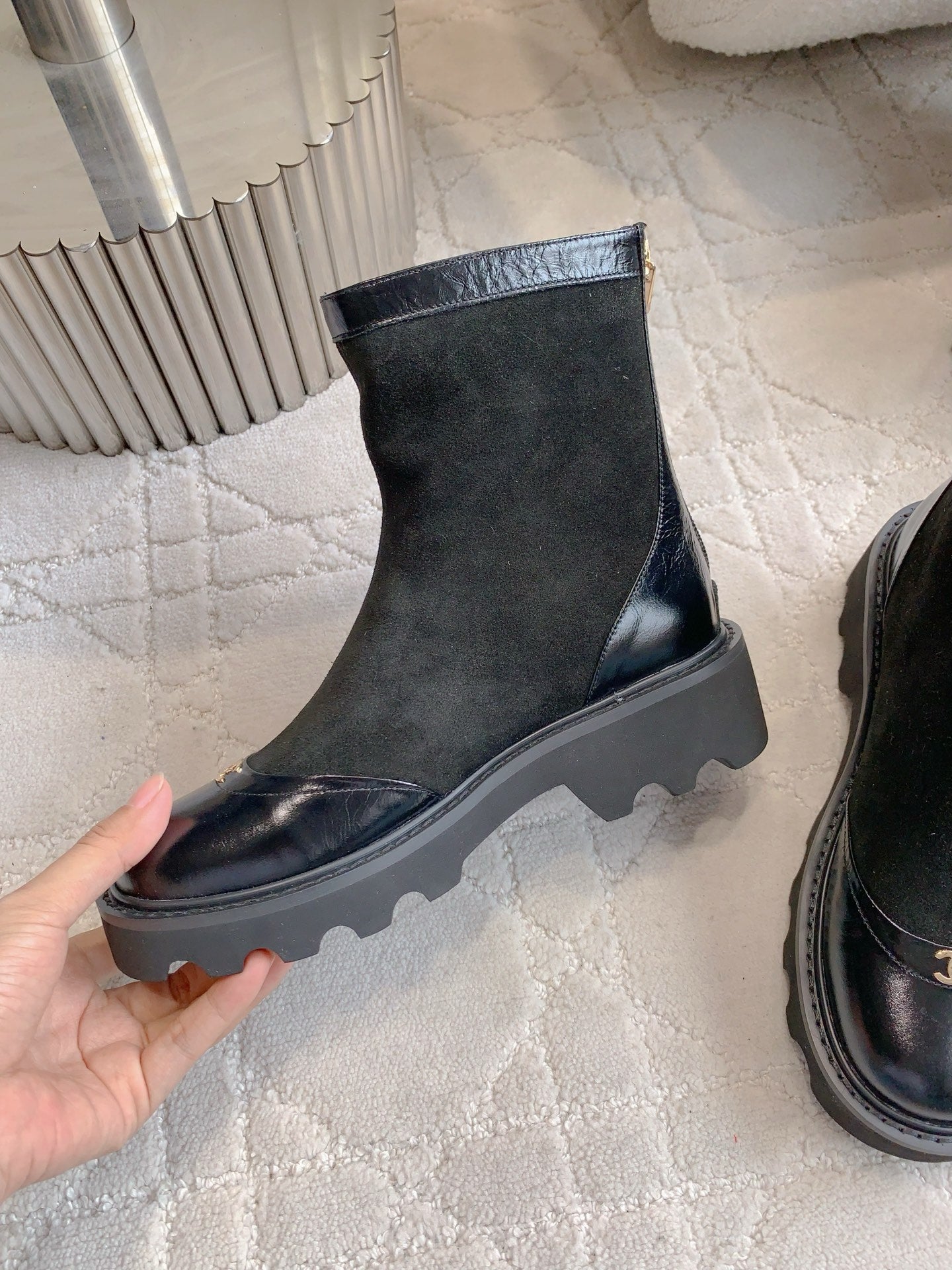 CC New Platform Ankle Boots Black Suede Glossy Sheepskin