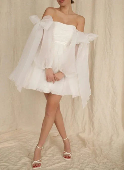 omberprom Elegant A-Line Puff Long Sleeves Short Wedding Dresses With Bows Lovely Homecoming Dresses