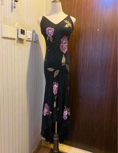 Retro Black Mermaid V-Neck Chiffon Long Prom Dress Evening Dress P4173