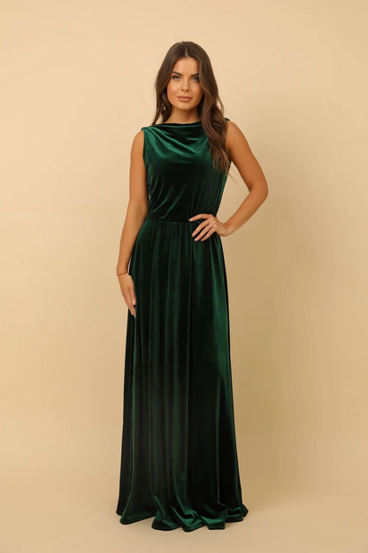 omberprom Elegant Velvet Dress Ruched Long Sleeve Formal Dress for Wedding Guest
