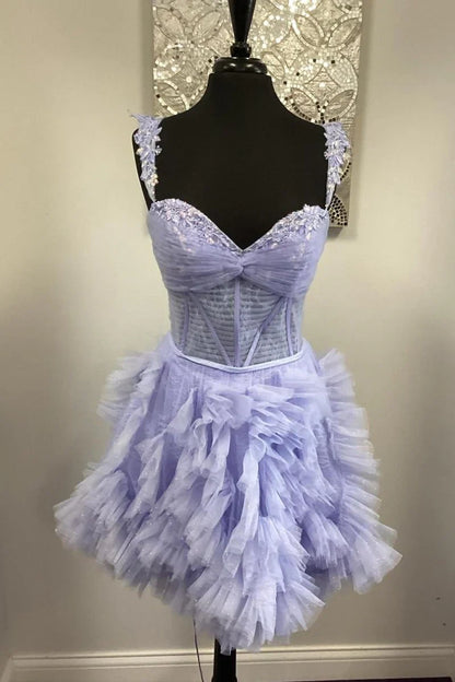 New Style Light Purple Sweetheart Tulle Design Spaghetti Strap Homecoming Dress TP3751