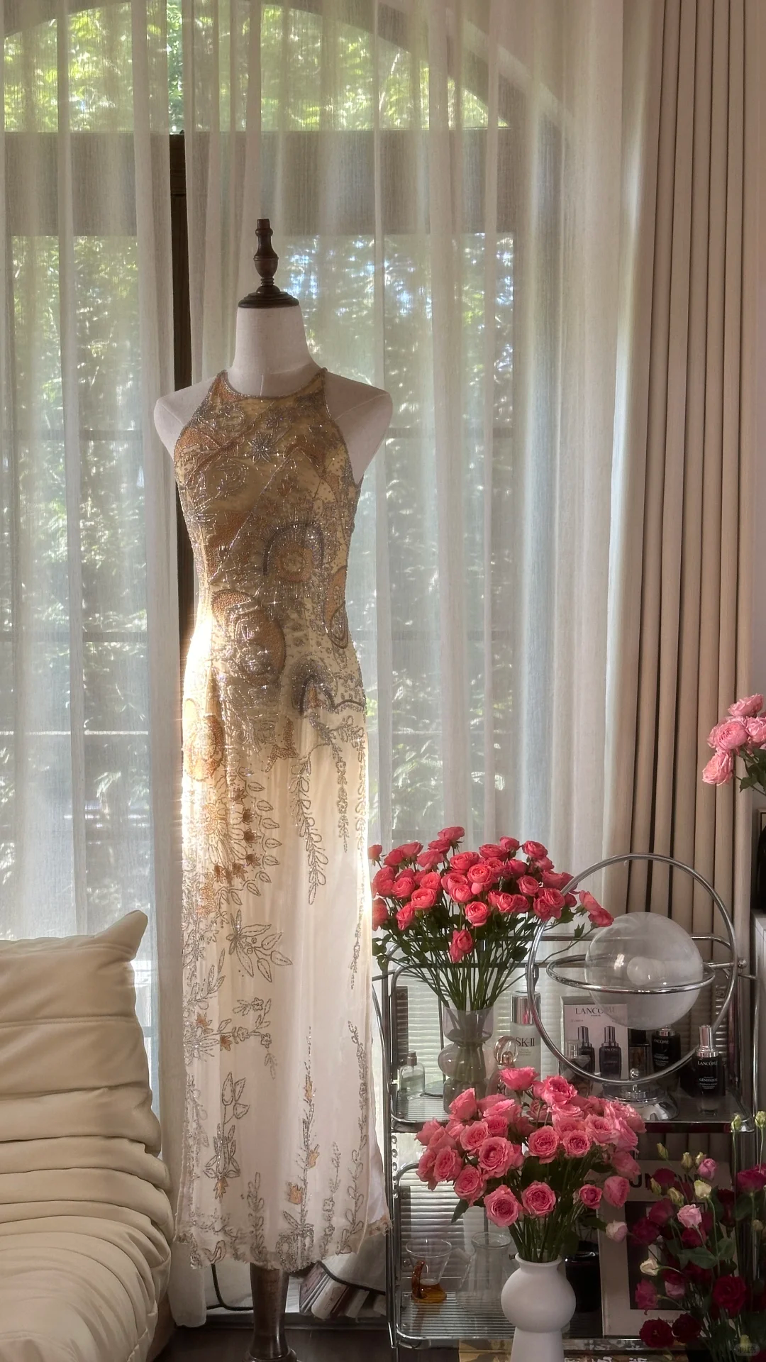 Retro Golden Sparkling Beaded Halter Dress Elegant Chiffon Evening Dress Prom Dresses TP3986