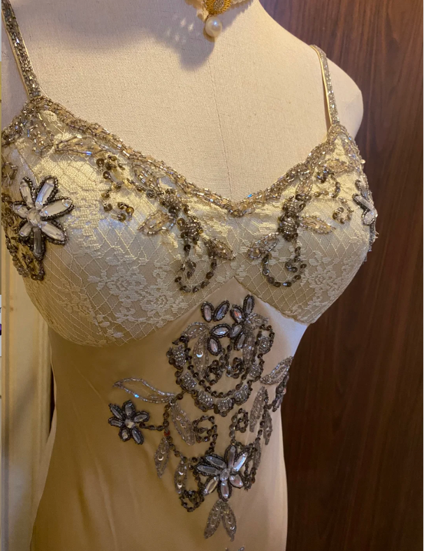 Vintage Beige Gold Irregular Strap Beaded Lace Prom Dress Evening Dress P4179