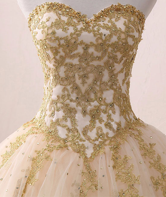 Ball Gown Light Champagne with Gold Lace Sweet 16 Dress, Tulle Long Prom Dress