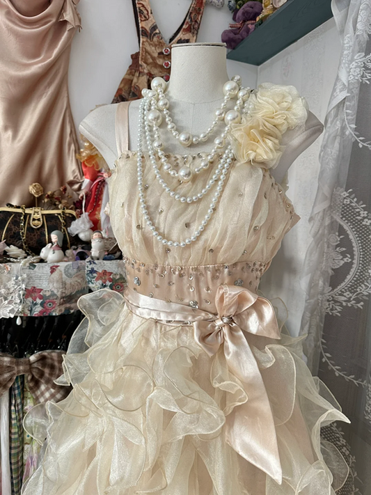 Apricot-colored halter-neck tiered maxi dress, ball gown R6302