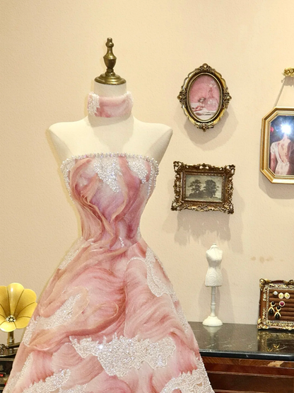 Pink Fairy Strapless Waist-cinching Slim A-line Long Wedding Dress R6582