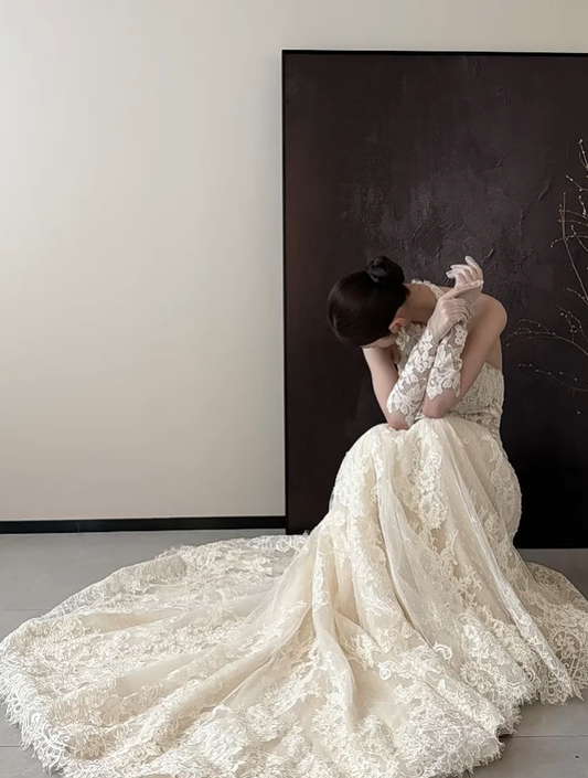 White halter neck lace waist slim elegant fishtail sexy long dress bridal gown R6063