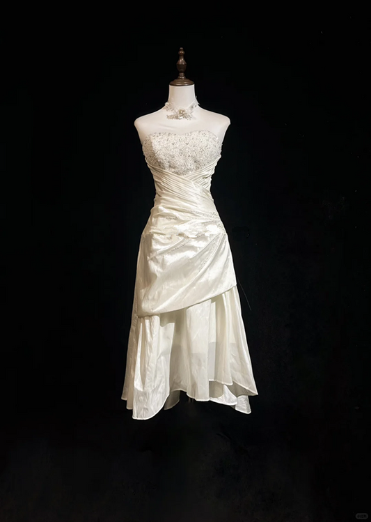 White tube top waist slim design pleated irregular mid-length skirt homecoming dress R4929