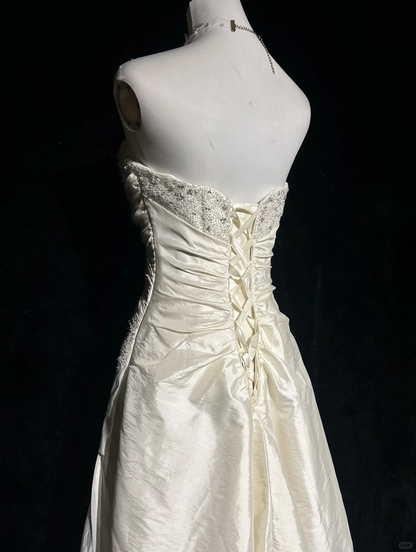 White tube top waist slim design pleated irregular mid-length skirt homecoming dress R4929