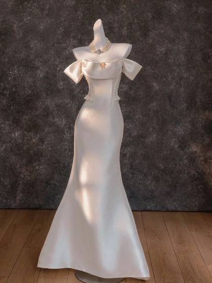 White satin one-shoulder slim waist hip fishtail long dress bridal gown R5788