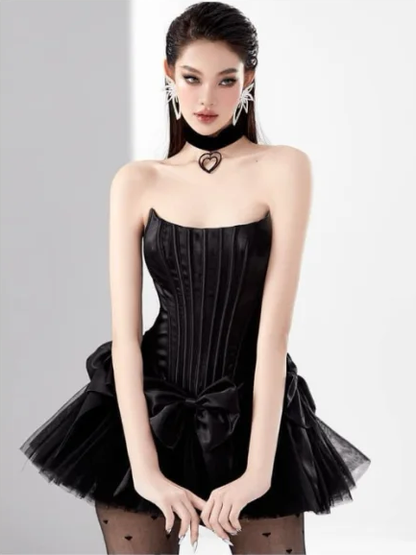 Black tube top waist slim fit puffy skirt princess short dress homecoming dress R4889