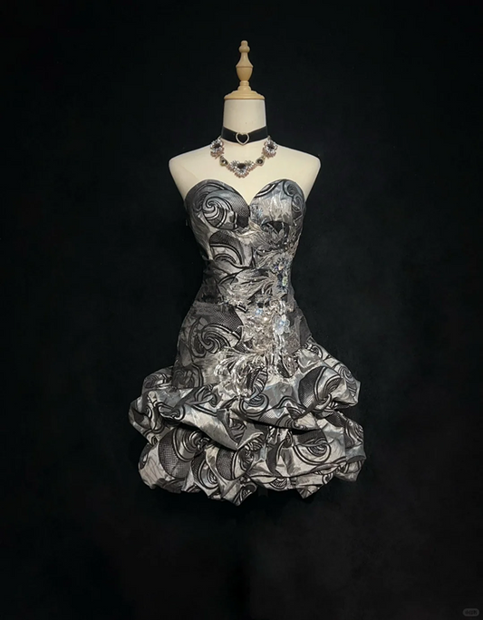 Gray design pattern tube top waist slim fit flower bud skirt short skirt homecoming dress R4970