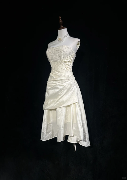 White tube top waist slim design pleated irregular mid-length skirt homecoming dress R4929