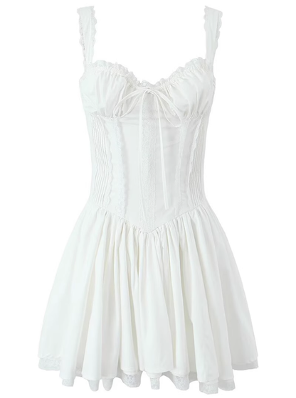 2025 Summer New White Fishbone Ballet Hottie Short A-line Suspender Dress R0974
