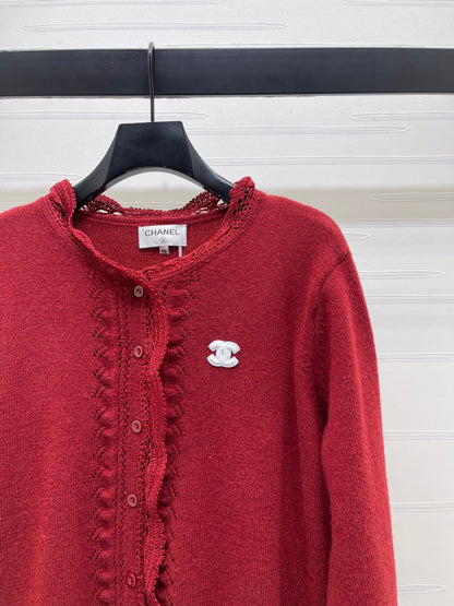 CC 26 Lace-Trimmed Knit Cardigan Red Wool 340992