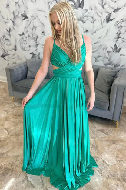 omberprom Elegant Emerald Green Prom Dresses Pleated A-Line Formal Dress