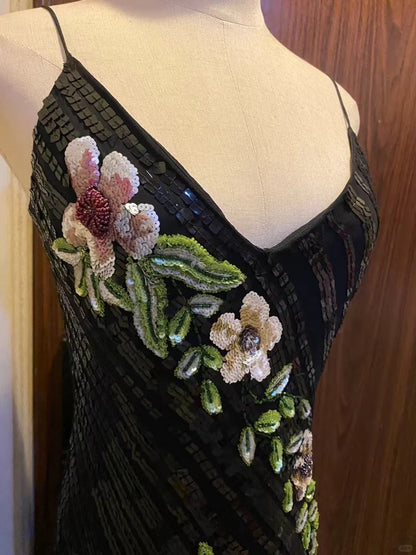 Retro Black Mermaid Deep V Halter Sequined Long Prom Dress Evening Dress P4180
