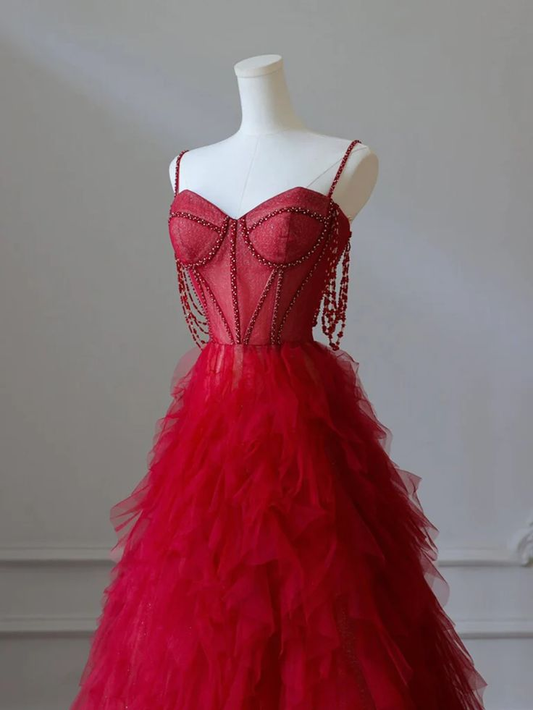 Charming Burgundy Sweetheart Neck Tulle Beads Long Prom Dress A Line Party Evening Gown cc1740