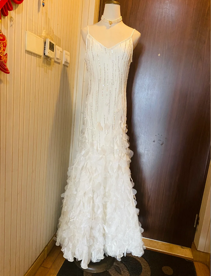 Dreamy White Mermaid Beaded 3D Petal Sequin Long Prom Dress Evening Dress P4181