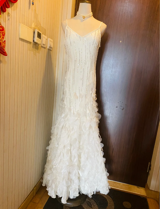 Dreamy White Mermaid Beaded 3D Petal Sequin Long Prom Dress Evening Dress P4181