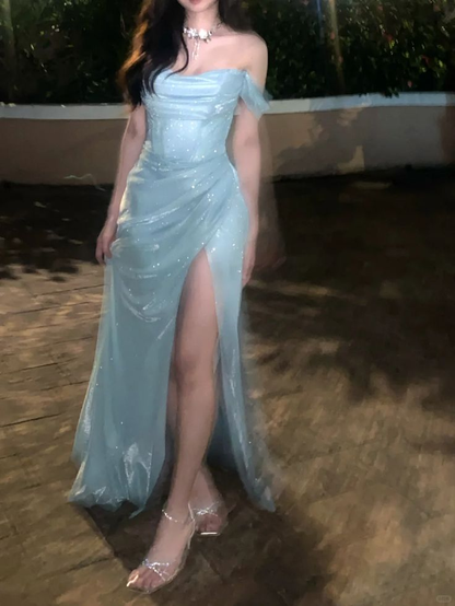 Shiny Baby Blue Off the Shoulder Satin Sequin Mermaid Slit Prom Dress Long Birthday Evening Dress SP1733