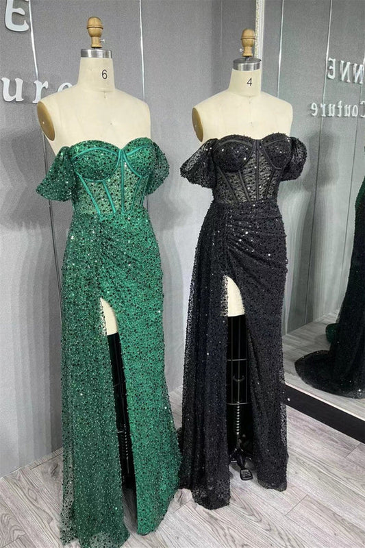 omberprom Mermaid Evening Dress Off-the-Shoulder Sequins Long Prom Dress