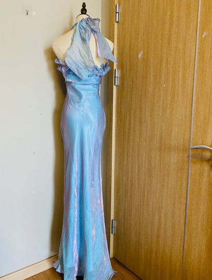 Dreamy Mermaid 3D Floral Ruffle Halter Neck Satin Long Prom Dress Evening Dress P4186