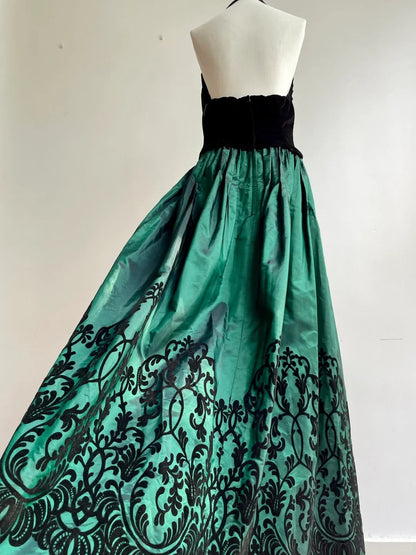 Retro Black And Green A-line Halter Neck Velvet And Satin Prom Dress Evening Dress P4188