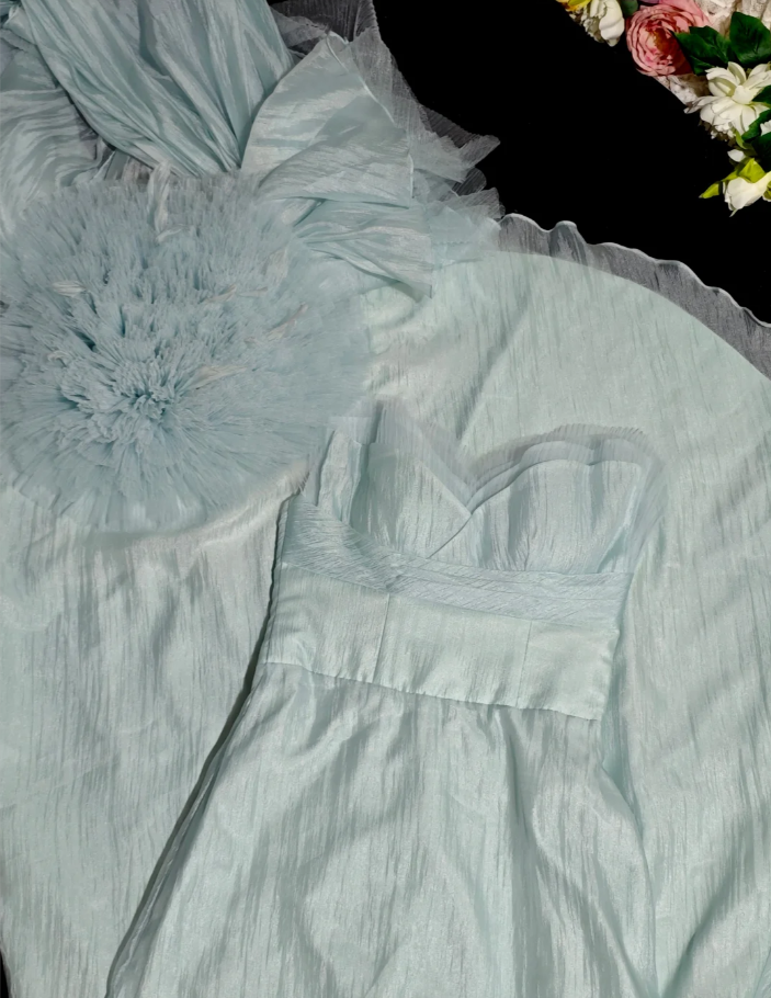 Charming Strapless Blue Tulle Mermaid Long Party Dress Birthday Prom Gown