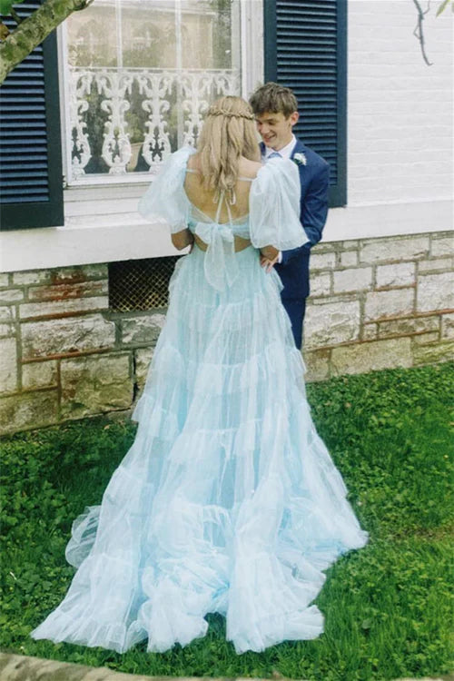 omberprom Elegant A Line Evening Dress Tow-Piece Tulle Prom Dress with Slit