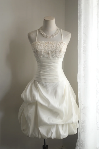 White suspender tube top classical embroidery waist slimming flower bud short skirt homecoming dress R4200