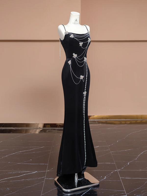 Black halter-neck beaded fitted waist slim hip-hugging sexy long ball gown/bridal dress R8293