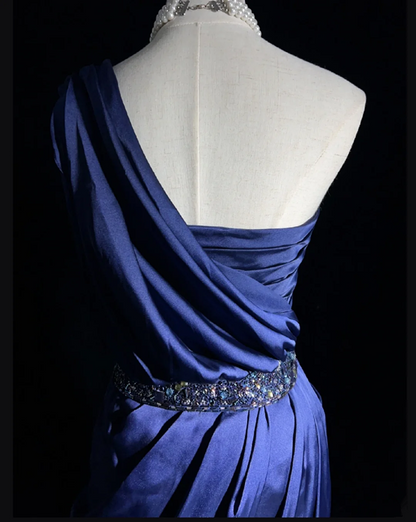 Dark blue strapless pleated design asymmetrical skirt homecoming dress R5012