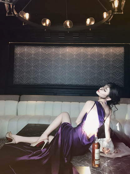 A sexy and alluring one-shoulder backless purple prom dress R7062