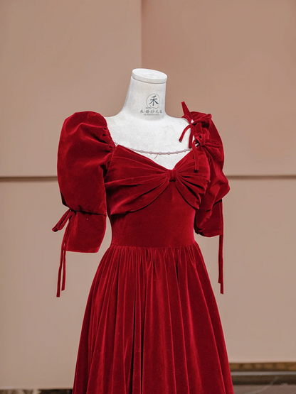 Deep red square neckline fitted waist long ball gown, bridal dress R8383