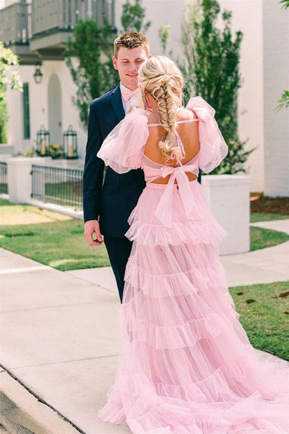 omberprom Elegant A Line Evening Dress Tow-Piece Tulle Prom Dress with Slit