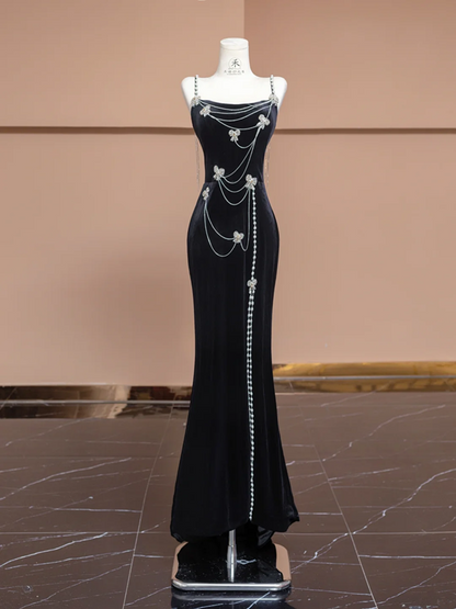 Black halter-neck beaded fitted waist slim hip-hugging sexy long ball gown/bridal dress R8293