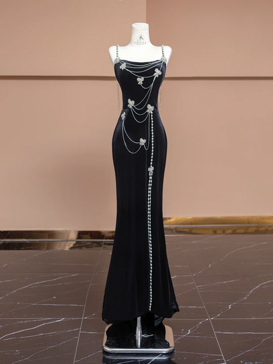 Black halter-neck beaded fitted waist slim hip-hugging sexy long ball gown/bridal dress R8293