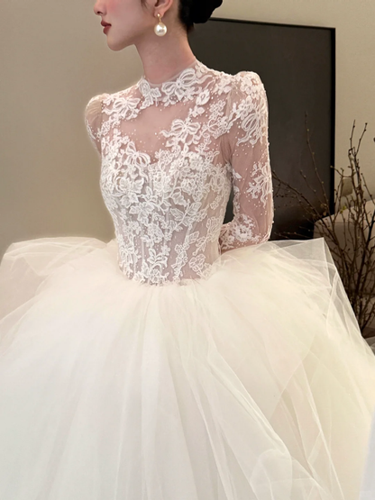 White lace top slim fit puffy skirt tulle long dress bridal gown R6064