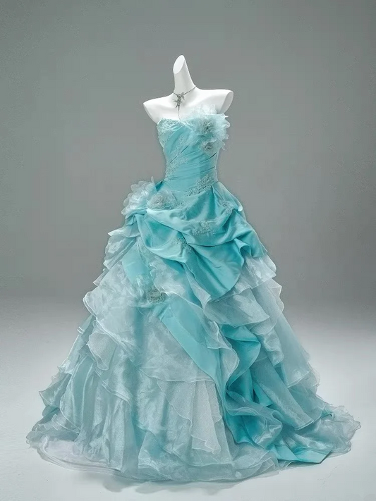 Lake blue tube top waist slim fit puffy long dress bridal gown R5750
