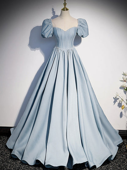 Blue Beaded Short Sleeves Long Party Dress, A-line Blue Satin Formal Dress