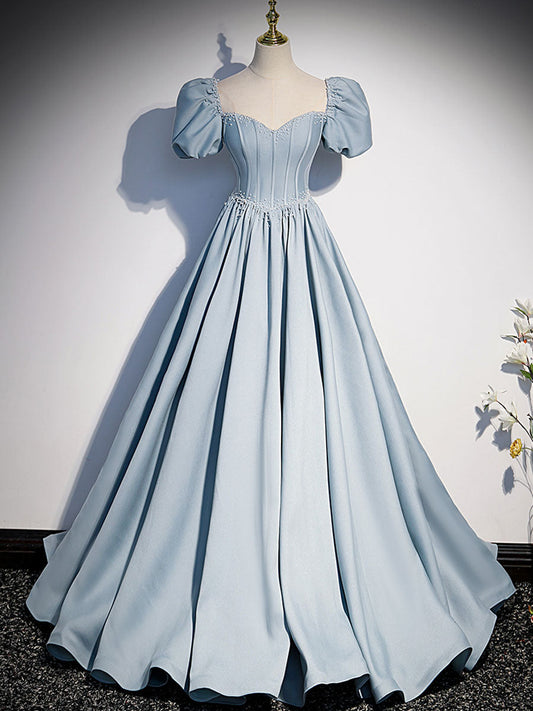 Blue Beaded Short Sleeves Long Party Dress, A-line Blue Satin Formal Dress