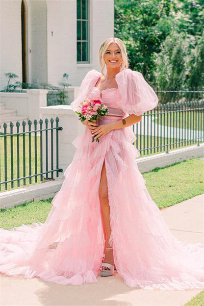 omberprom Elegant A Line Evening Dress Tow-Piece Tulle Prom Dress with Slit
