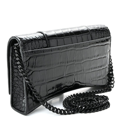 Shiny Calfskin Monochrome Crocodile Embossed Hourglass Chain Bag Black