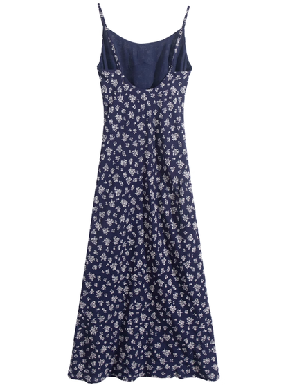 2025 Summer New Blue Floral Retro Backless Waist Long Suspender Dress R0909