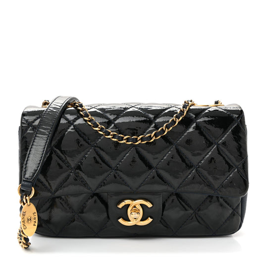 Patent Goatskin Quilted Medium CC Eyelet Flap Blue
